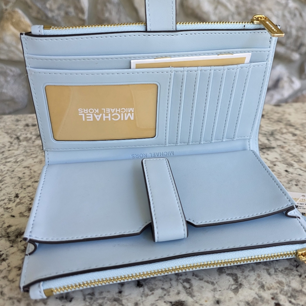 Michael Kors Jet Set Logo Double Zip Blue Wristlet - Picture 3 of 6